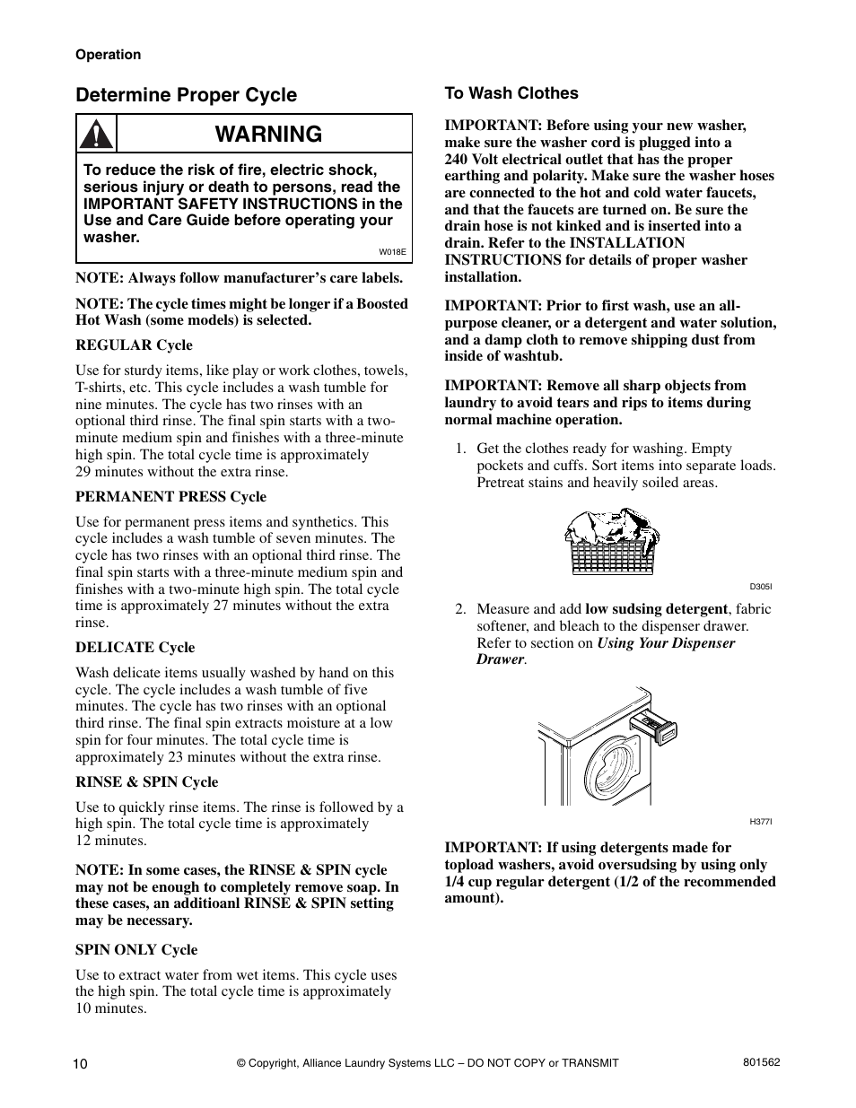 Warning, Determine proper cycle | Speed Queen LTS95A User Manual | Page 12 / 50