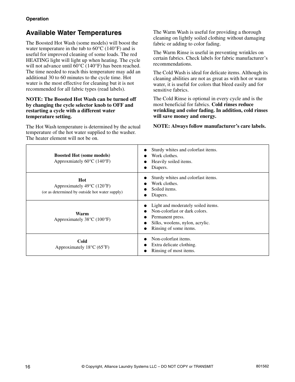 Available water temperatures | Speed Queen LTS95A User Manual | Page 18 / 50