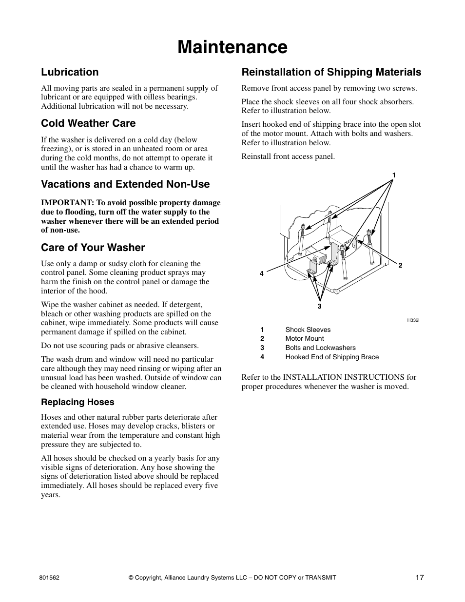 Maintenance, Lubrication, Cold weather care | Vacations and extended non-use, Care of your washer, Reinstallation of shipping materials | Speed Queen LTS95A User Manual | Page 19 / 50