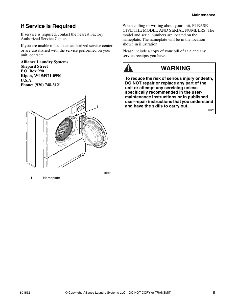 Warning, If service is required | Speed Queen LTS95A User Manual | Page 21 / 50