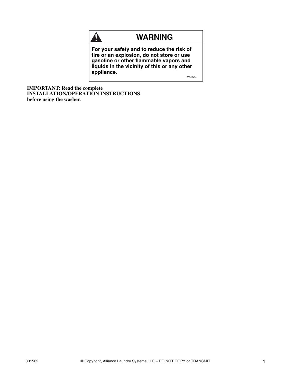 Warning | Speed Queen LTS95A User Manual | Page 3 / 50
