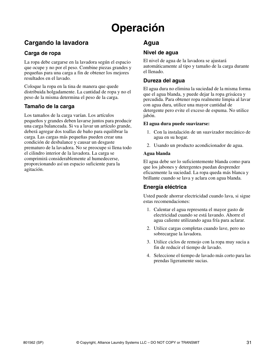 Operación | Speed Queen LTS95A User Manual | Page 33 / 50