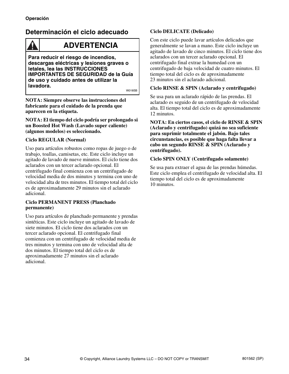 Advertencia, Determinación el ciclo adecuado | Speed Queen LTS95A User Manual | Page 36 / 50