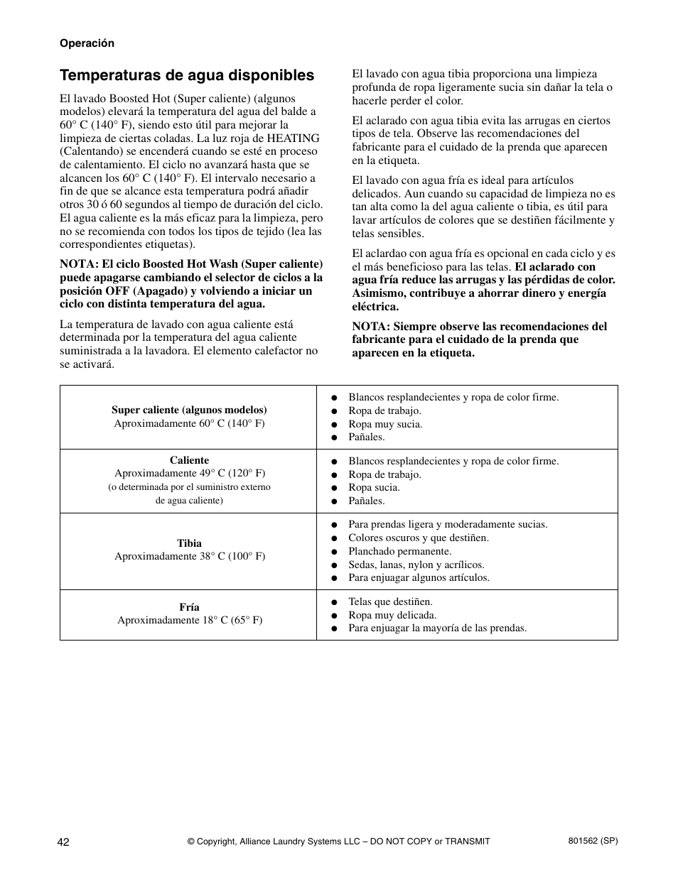 Temperaturas de agua disponibles | Speed Queen LTS95A User Manual | Page 44 / 50