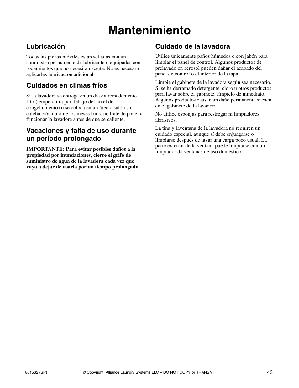Mantenimiento | Speed Queen LTS95A User Manual | Page 45 / 50