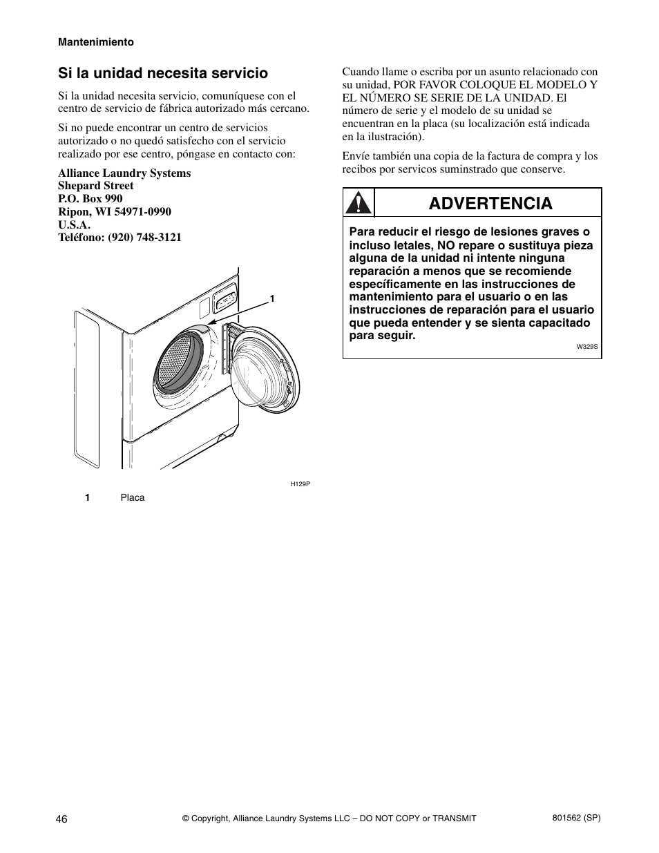 Advertencia, Si la unidad necesita servicio | Speed Queen LTS95A User Manual | Page 48 / 50