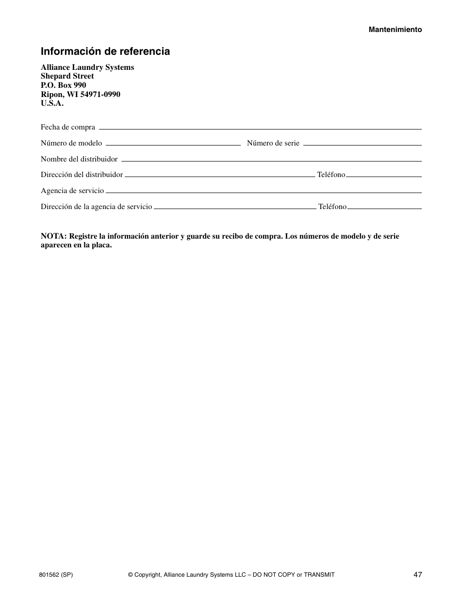 Información de referencia | Speed Queen LTS95A User Manual | Page 49 / 50