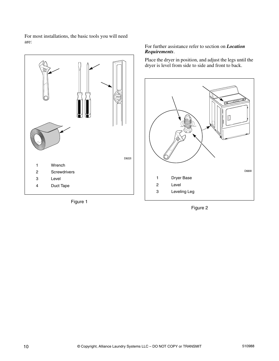 Tools installing the dryer, Step 1: position and level the dryer, Tools | Installing the dryer | Speed Queen LES37A*F User Manual | Page 12 / 34