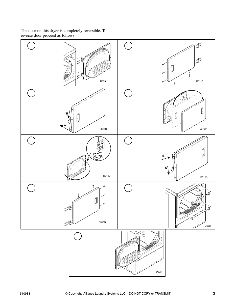 Reversing door procedure | Speed Queen LES37A*F User Manual | Page 15 / 34