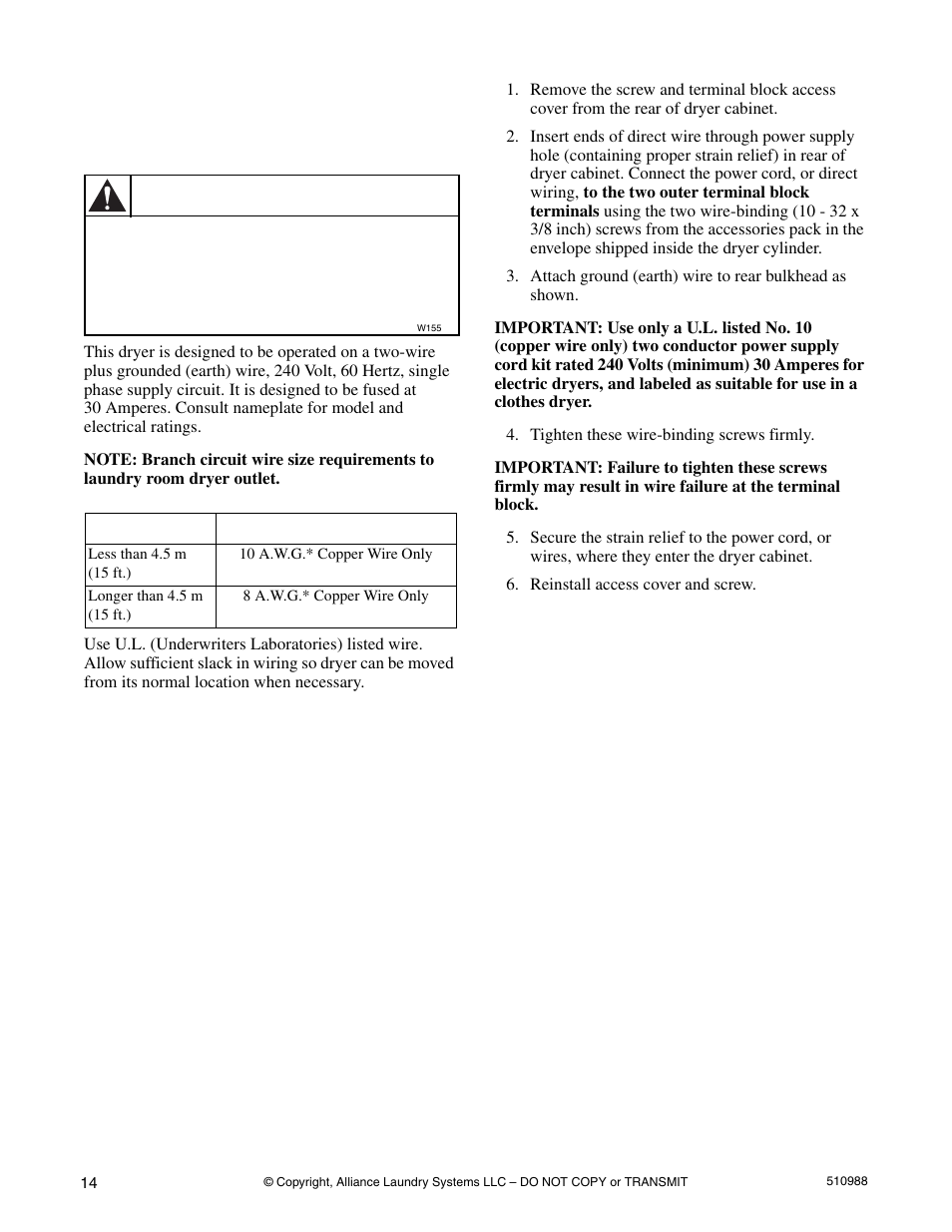 Electrical requirements, 240 volt, 60 hertz, 2-wire, Plus grounded (earth) wire installation | Warning | Speed Queen LES37A*F User Manual | Page 16 / 34