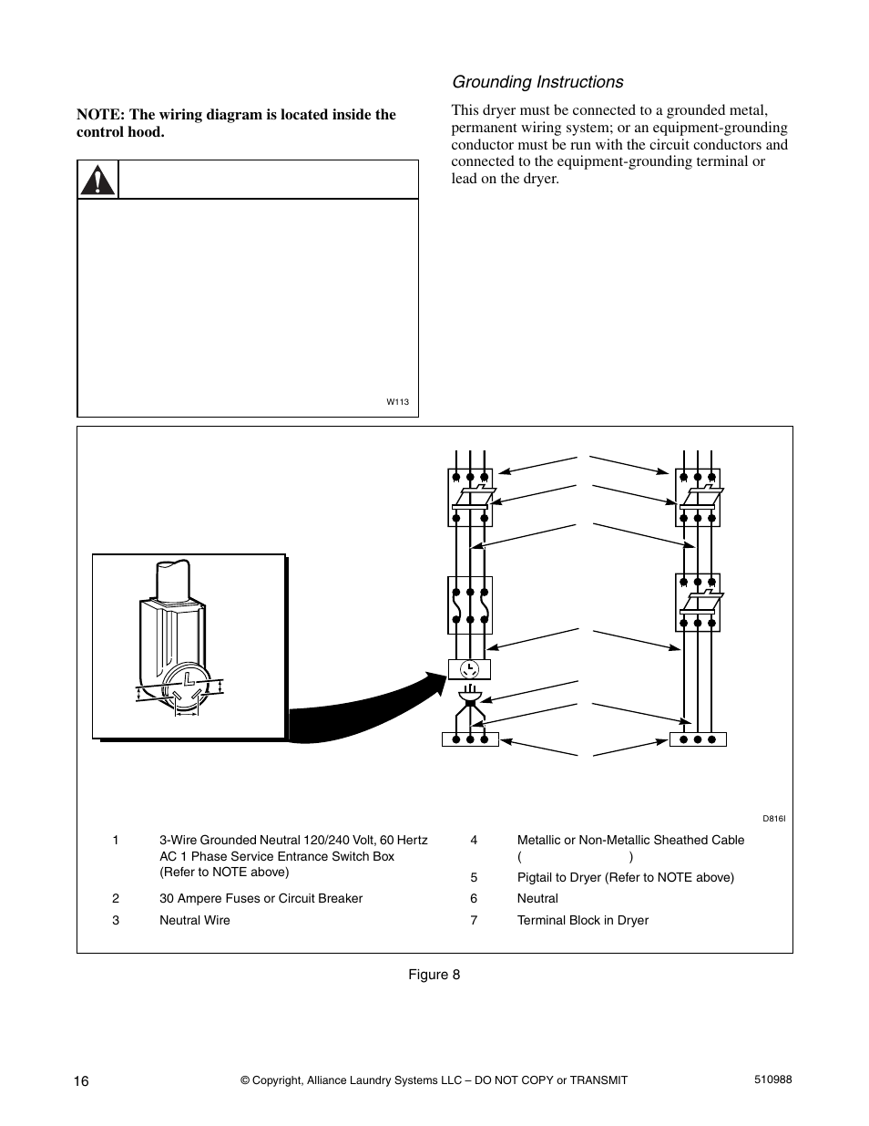 240 volt, 60 hertz, 3-wire, Warning, Grounding instructions | Installation, Figure 8 | Speed Queen LES37A*F User Manual | Page 18 / 34