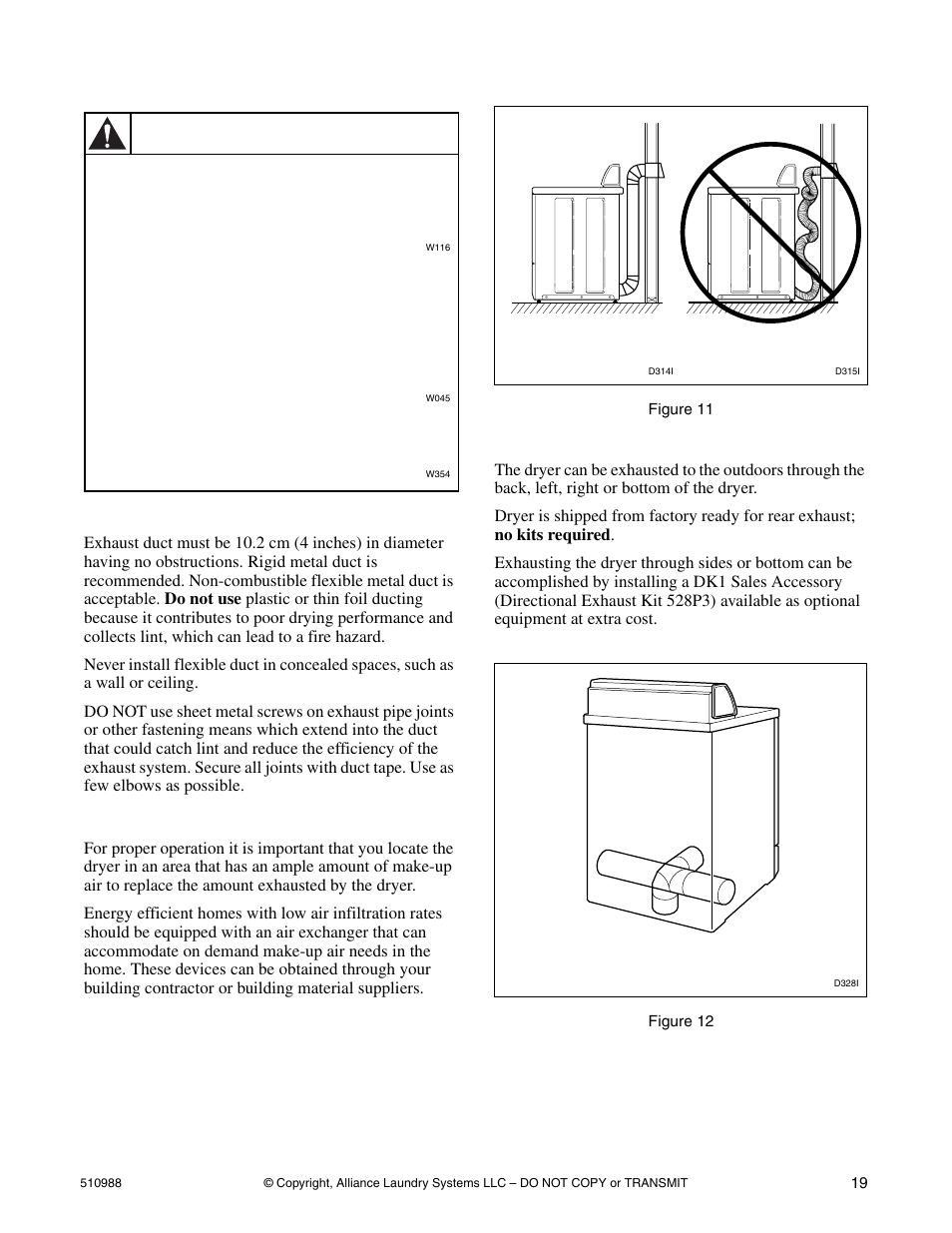 Dryer exhaust requirements, Warning | Speed Queen LES37A*F User Manual | Page 21 / 34