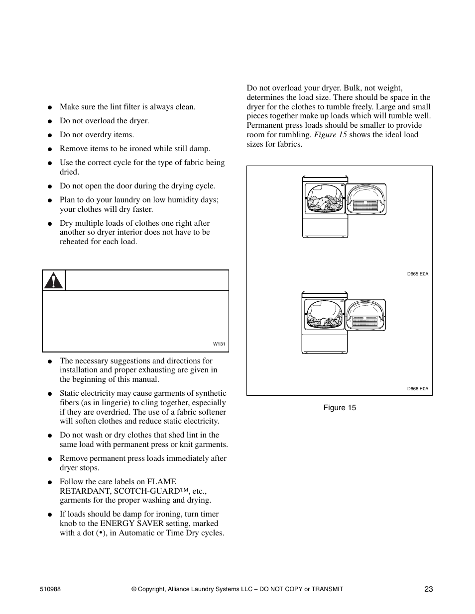 Operation, Before drying, Energy saving tips helps and hints load | Warning, Energy saving tips, Helps and hints, Load | Speed Queen LES37A*F User Manual | Page 25 / 34