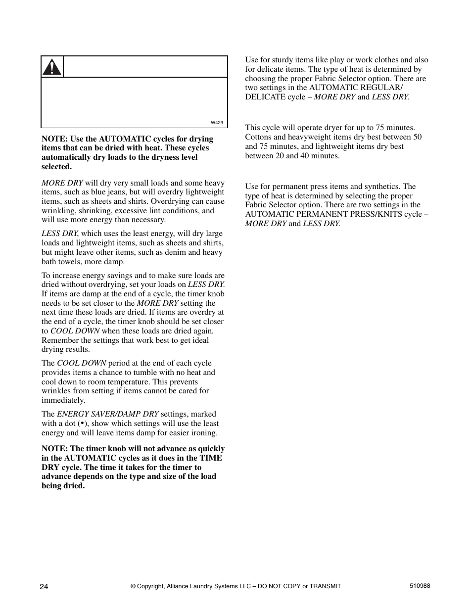 Available drying cycles, Warning | Speed Queen LES37A*F User Manual | Page 26 / 34