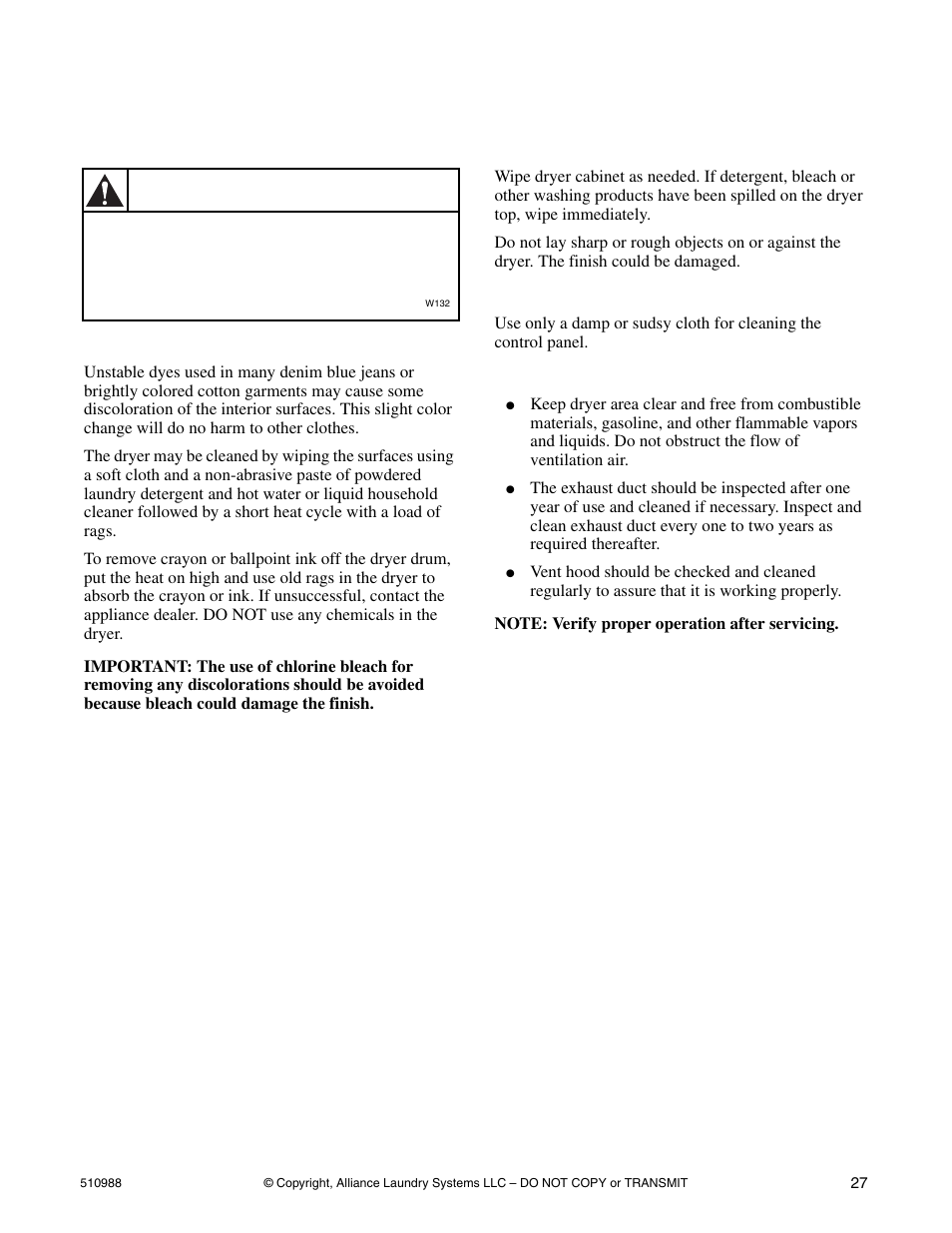 Maintenance, Care of your dryer, Warning | Speed Queen LES37A*F User Manual | Page 29 / 34
