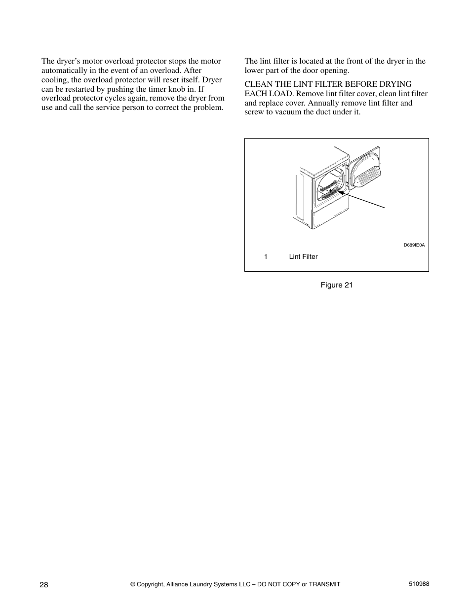 Motor overload protector lint filter, Motor overload protector, Lint filter | Speed Queen LES37A*F User Manual | Page 30 / 34