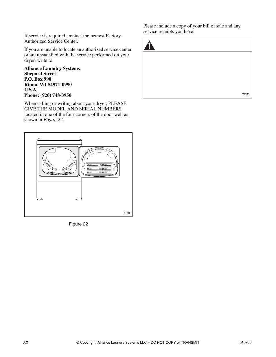 If service is required, Warning | Speed Queen LES37A*F User Manual | Page 32 / 34