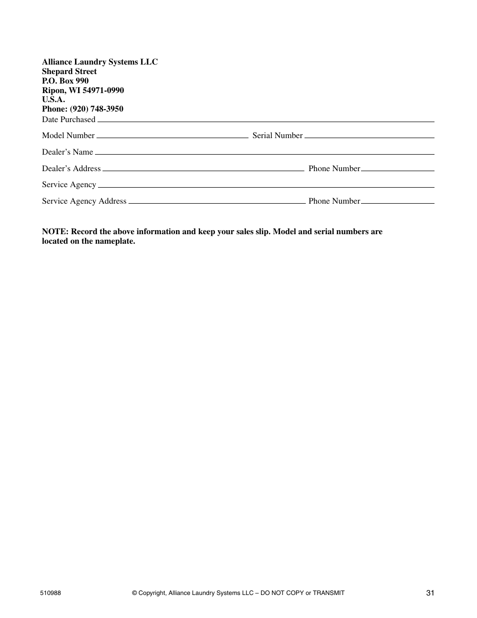 Information for handy reference | Speed Queen LES37A*F User Manual | Page 33 / 34