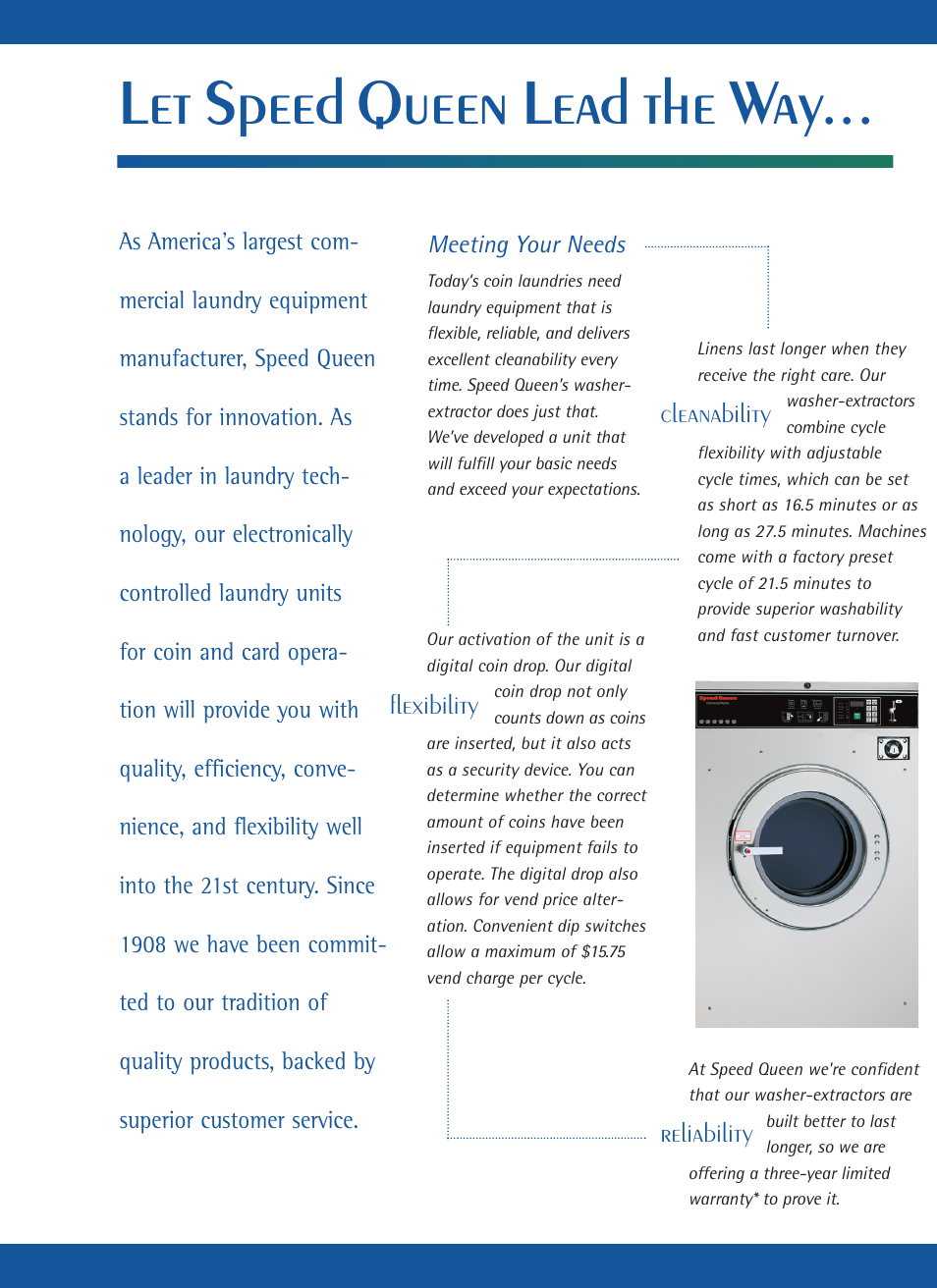 Let speed queen lead the way, Reliability, Cleanability | Flexibility, Meeting your needs | Speed Queen 60 lb User Manual | Page 2 / 6