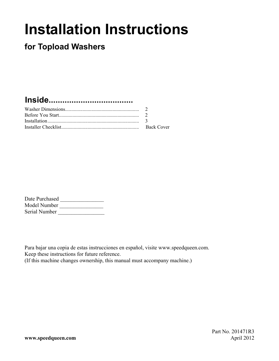 Speed Queen Washer User Manual | 12 pages