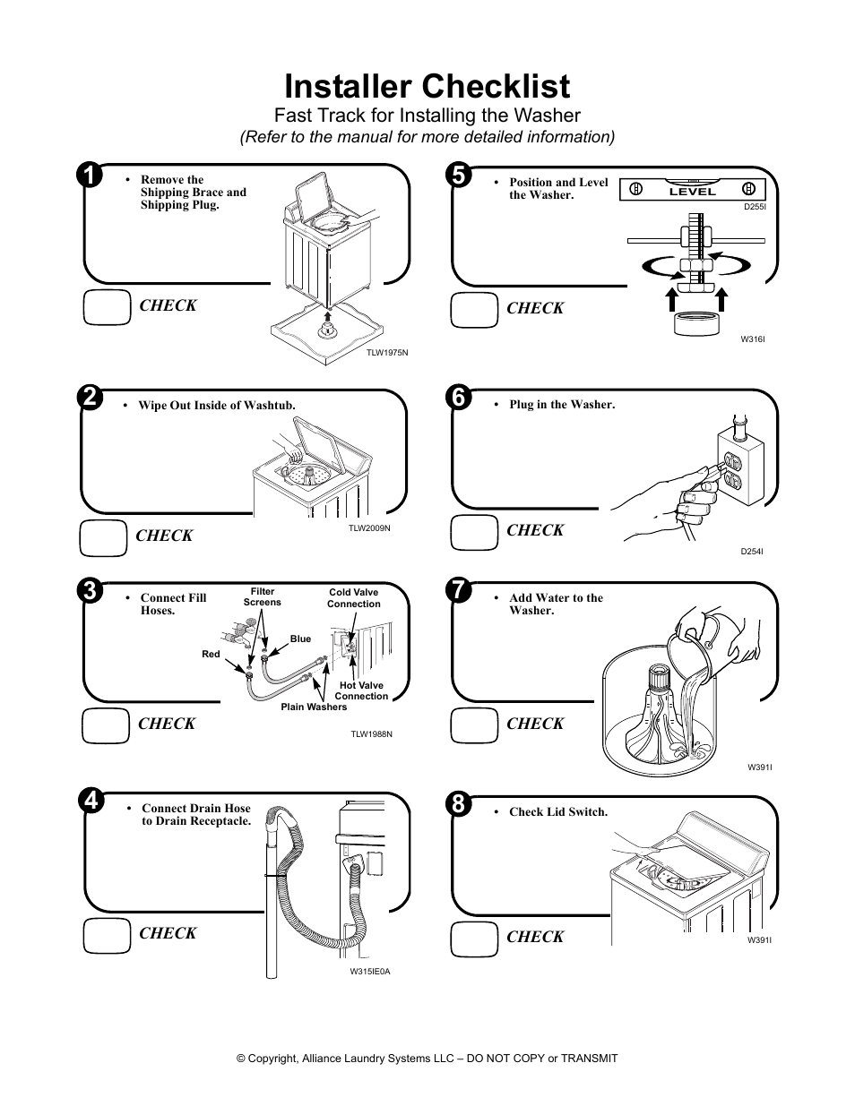 Cover, Installer checklist, Fast track for installing the washer | Refer to the manual for more detailed information), Check | Speed Queen Washer User Manual | Page 12 / 12