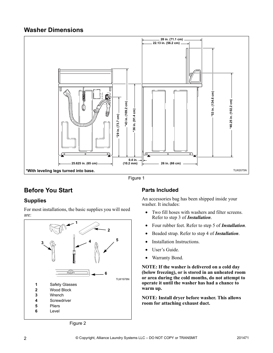 Washer dimensions, Before you start, Washer dimensions before you start | Supplies, Parts included | Speed Queen Washer User Manual | Page 2 / 12