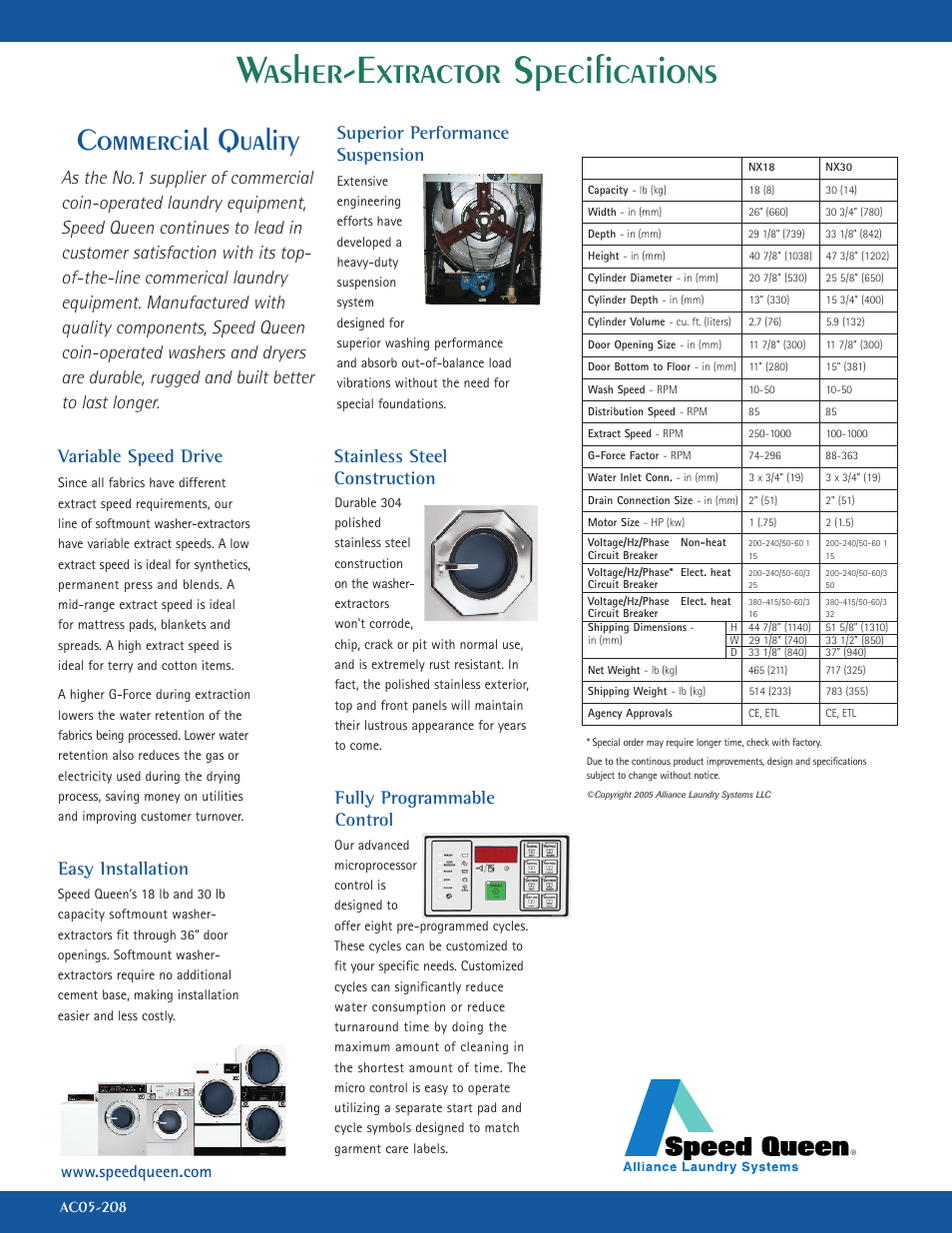 Washer-extractor specifications, Commercial quality, Variable speed drive | Superior performance suspension, Stainless steel construction, Fully programmable control | Speed Queen NX30 User Manual | Page 2 / 2