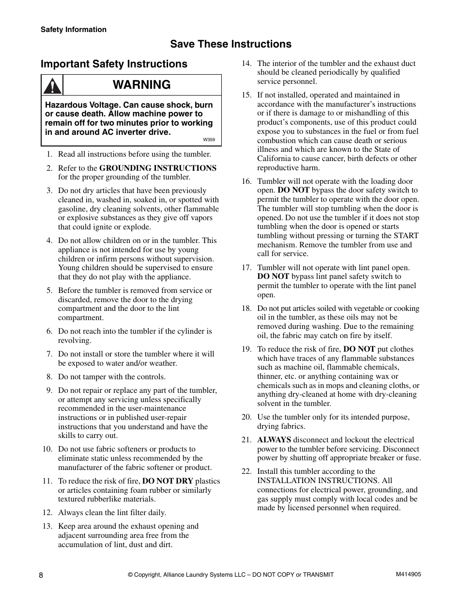 Important safety instructions, Warning | Speed Queen TMB796C User Manual | Page 10 / 62
