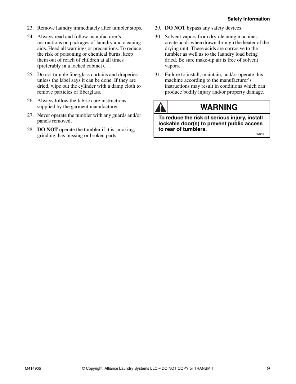 Warning | Speed Queen TMB796C User Manual | Page 11 / 62