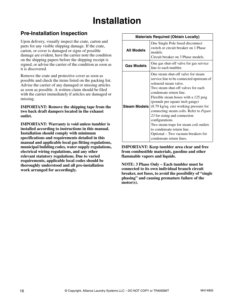 Installation, Pre-installation inspection | Speed Queen TMB796C User Manual | Page 18 / 62