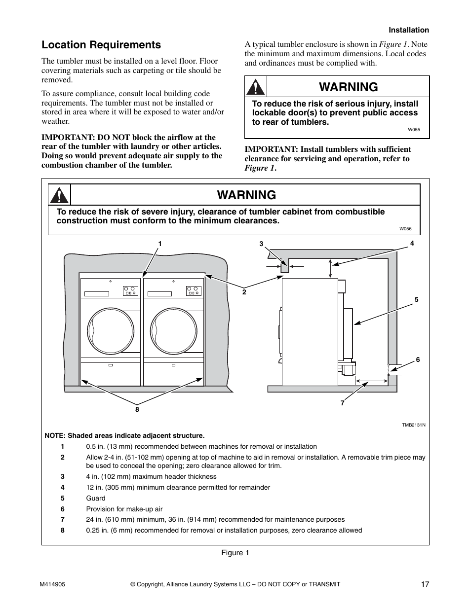 Location requirements, Warning | Speed Queen TMB796C User Manual | Page 19 / 62