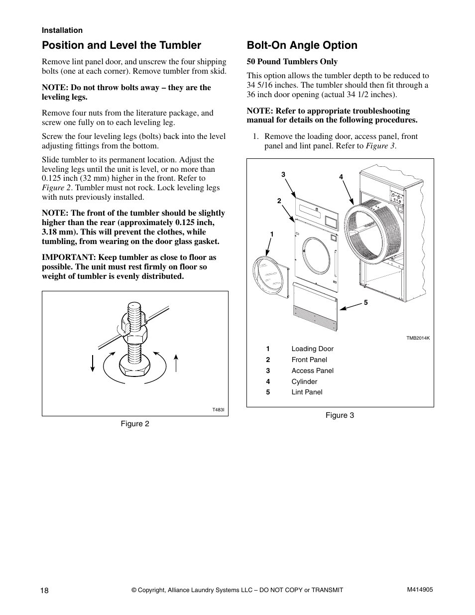 Position and level the tumbler, Bolt-on angle option | Speed Queen TMB796C User Manual | Page 20 / 62