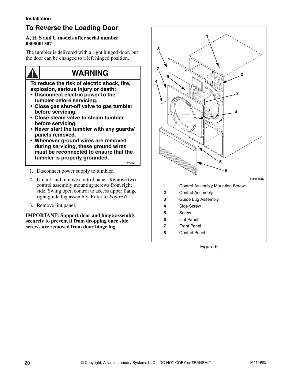 To reverse the loading door, Warning | Speed Queen TMB796C User Manual | Page 22 / 62