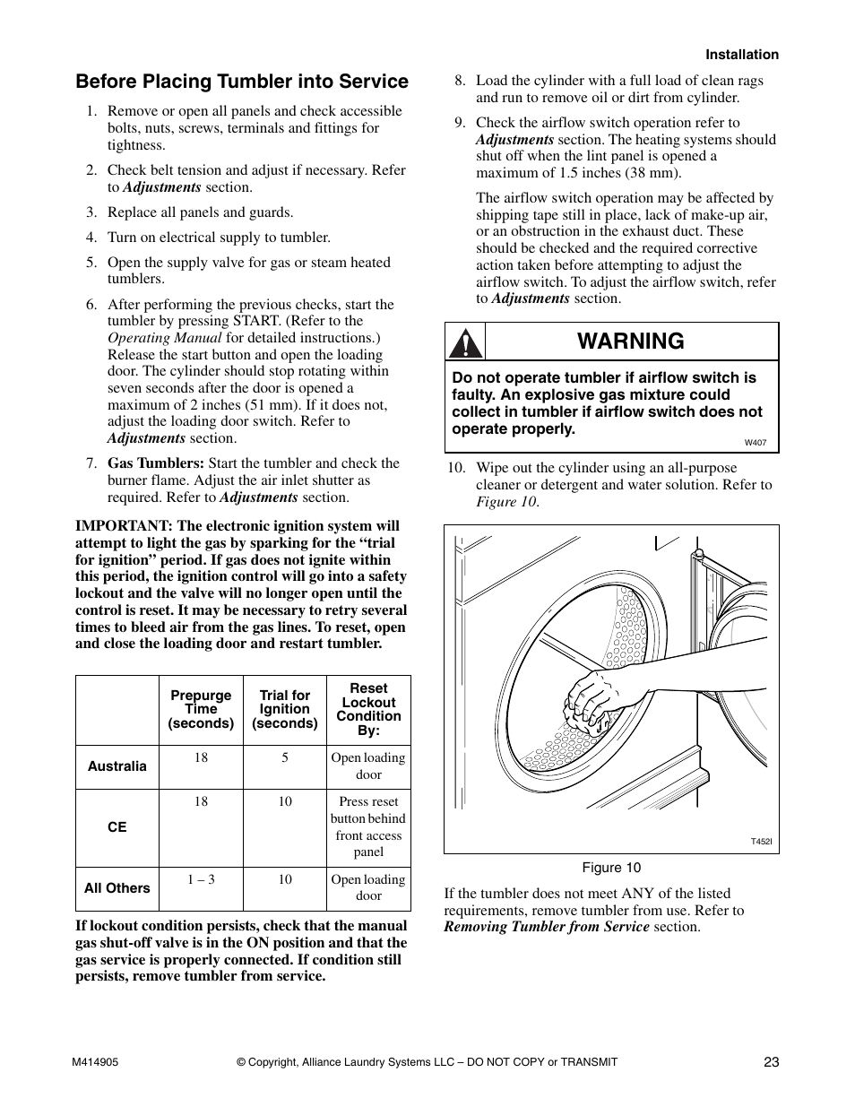 Before placing tumbler into service, Warning | Speed Queen TMB796C User Manual | Page 25 / 62