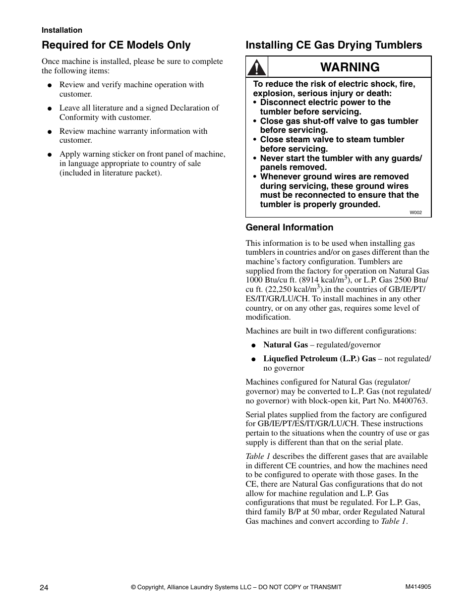 General information, Warning, Required for ce models only | Installing ce gas drying tumblers | Speed Queen TMB796C User Manual | Page 26 / 62