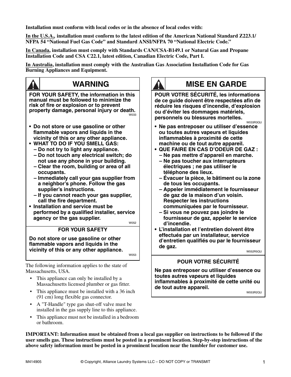 Warning, Mise en garde | Speed Queen TMB796C User Manual | Page 3 / 62