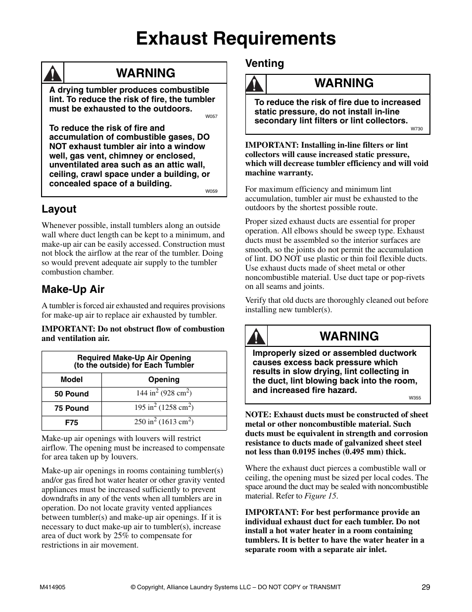 Exhaust requirements, Layout make-up air venting, Warning | Layout, Make-up air, Venting | Speed Queen TMB796C User Manual | Page 31 / 62