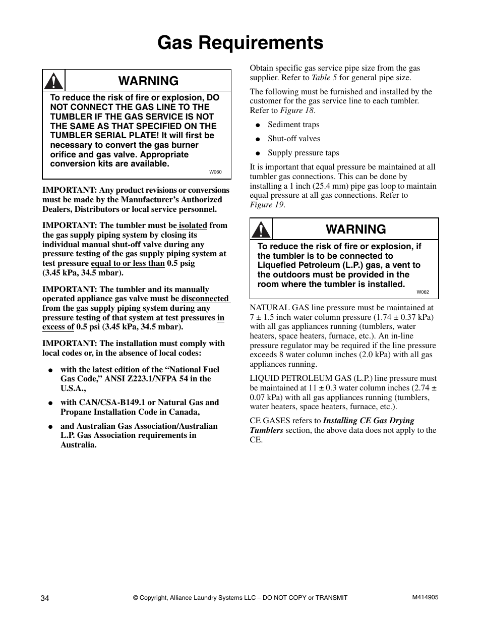 Gas requirements, Warning | Speed Queen TMB796C User Manual | Page 36 / 62