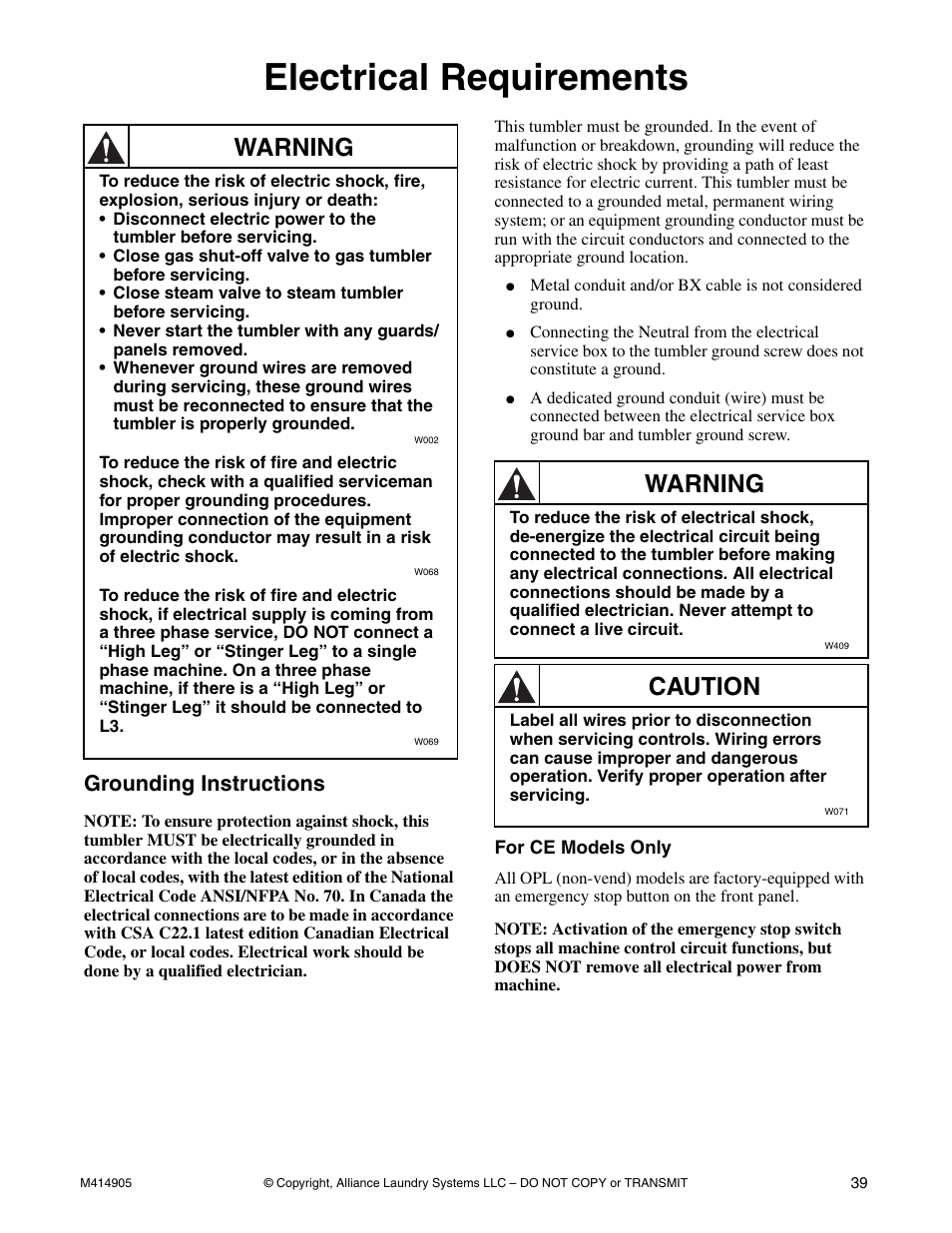 Electrical requirements, Grounding instructions, For ce models only | Warning, Caution | Speed Queen TMB796C User Manual | Page 41 / 62