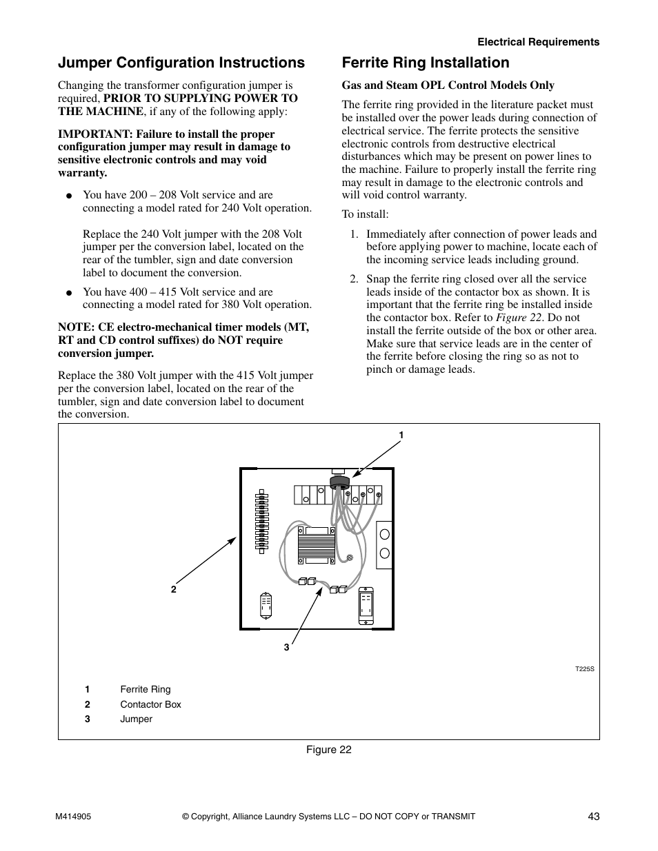 Jumper configuration instructions, Ferrite ring installation | Speed Queen TMB796C User Manual | Page 45 / 62
