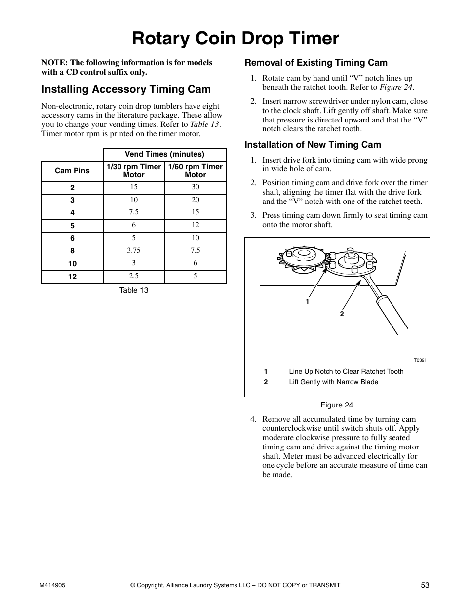 Rotary coin drop timer, Installing accessory timing cam | Speed Queen TMB796C User Manual | Page 55 / 62