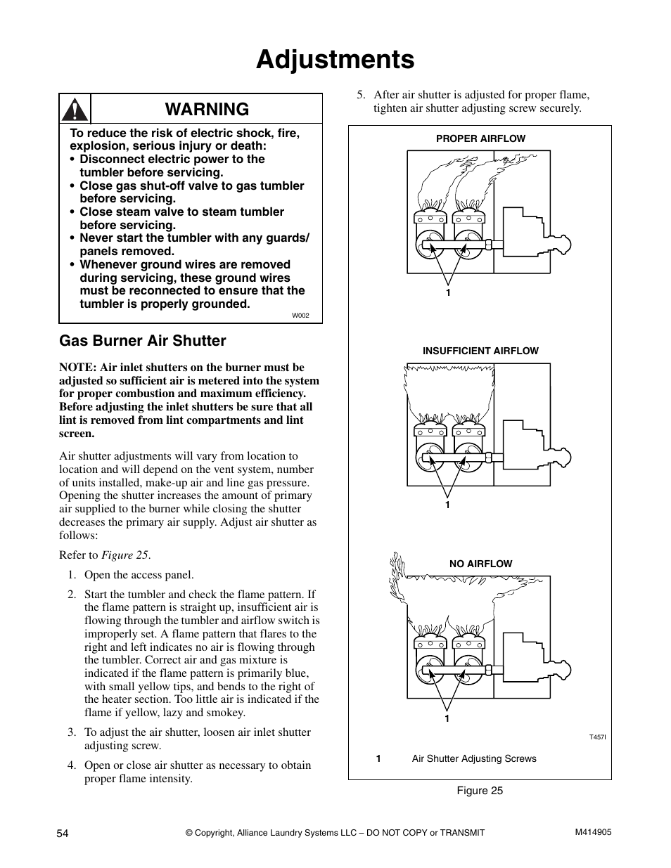 Adjustments, Gas burner air shutter, Warning | Speed Queen TMB796C User Manual | Page 56 / 62