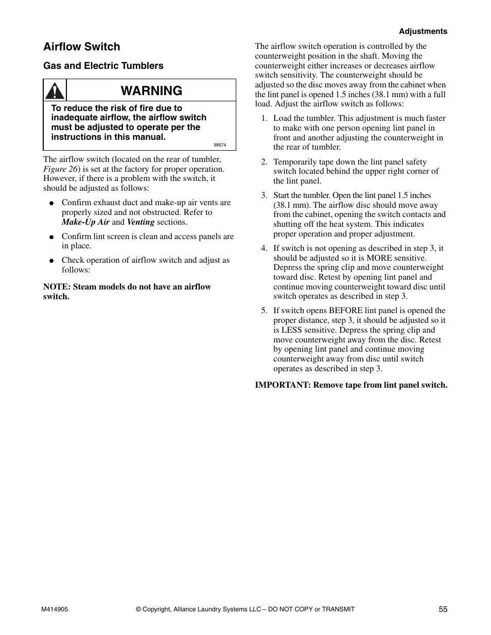 Airflow switch, Gas and electric tumblers, Warning | Speed Queen TMB796C User Manual | Page 57 / 62