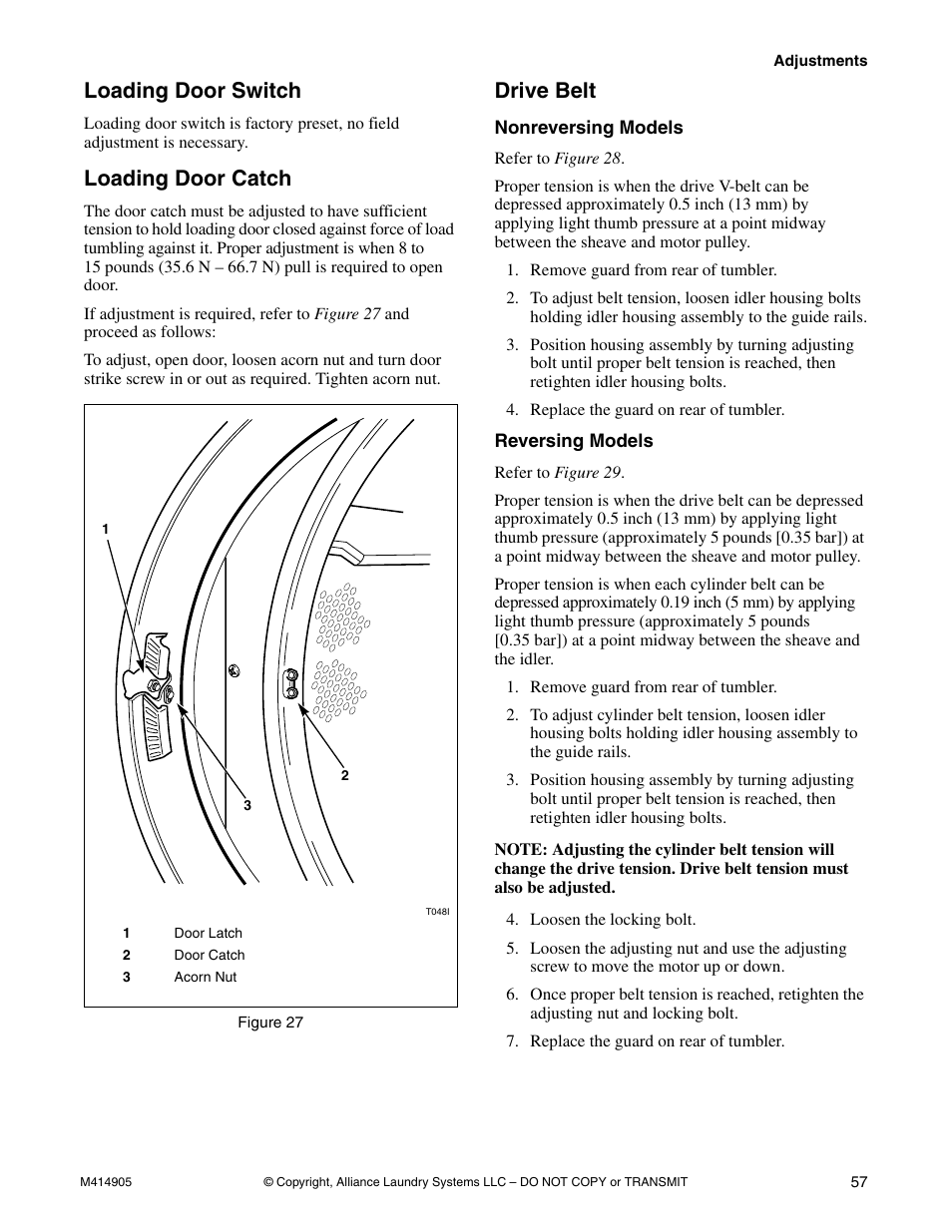Loading door switch loading door catch drive belt, Nonreversing models reversing models, Loading door switch | Loading door catch, Drive belt | Speed Queen TMB796C User Manual | Page 59 / 62