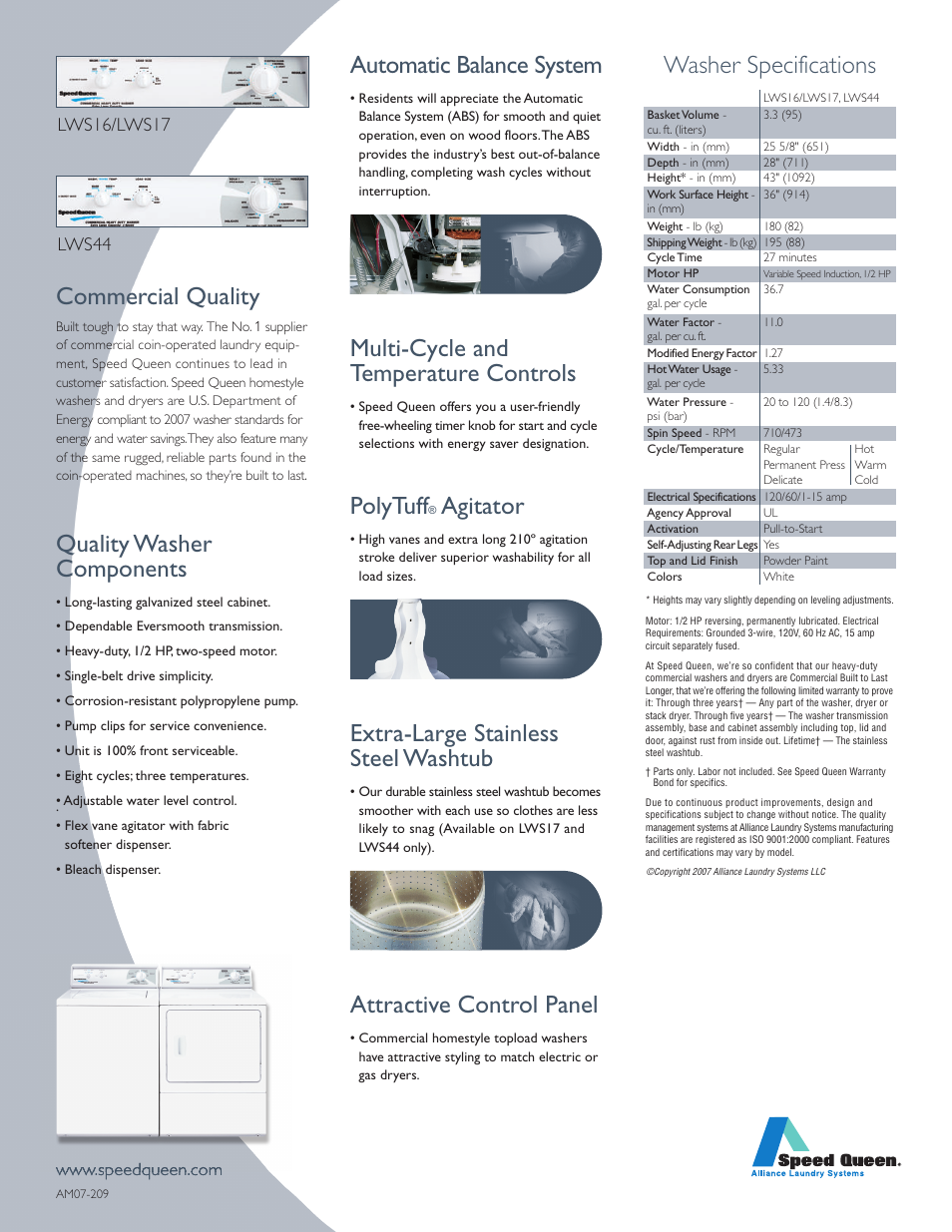 Automatic balance system, Multi-cycle and temperature controls, Polytuff | Agitator, Extra-large stainless steel washtub, Attractive control panel, Washer specifications commercial quality, Quality washer components | Speed Queen LWS16 User Manual | Page 2 / 2