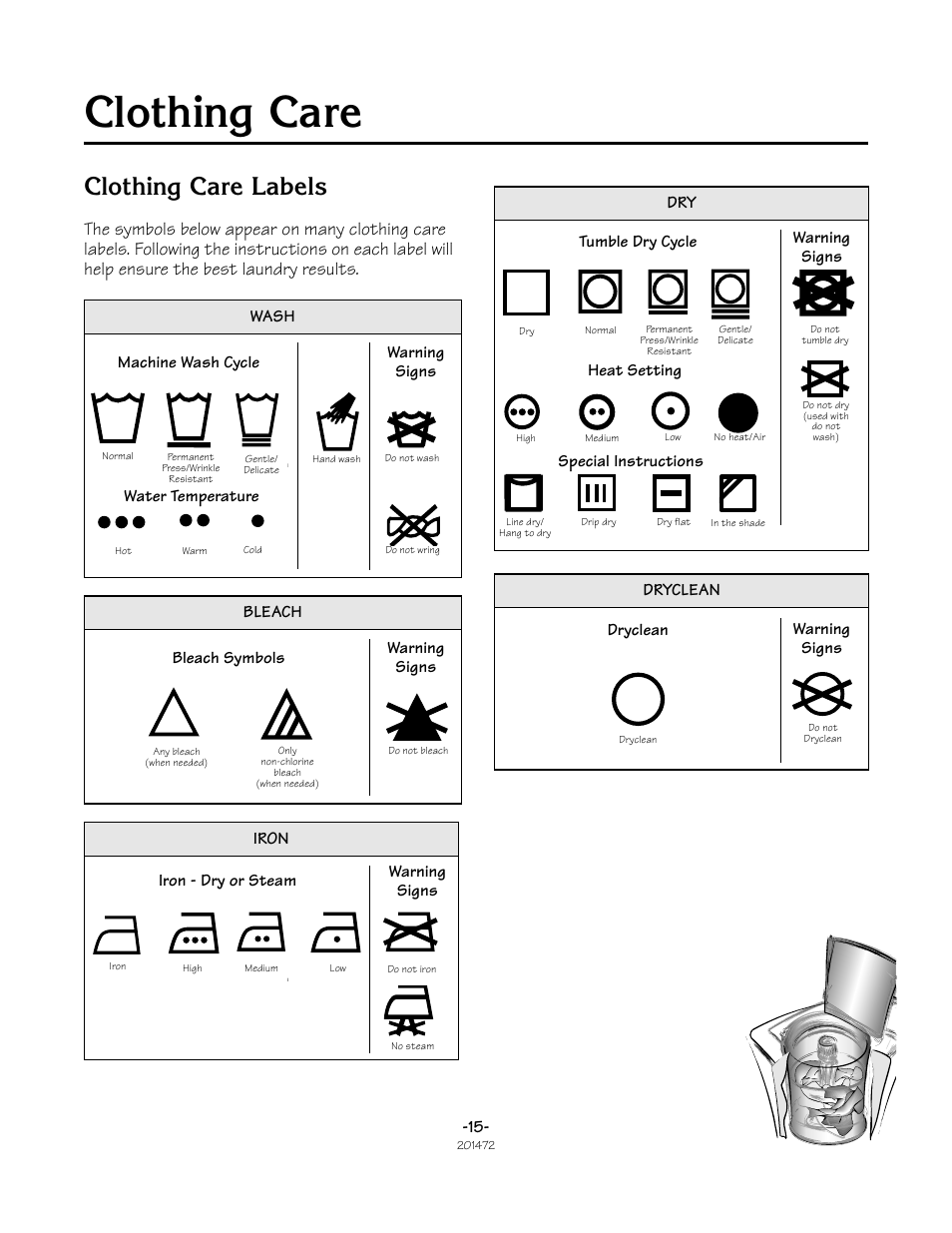 Clothing care, Clothing care labels, Wash bleach iron machine wash cycle | Warning signs, Water temperature, Bleach symbols, Iron - dry or steam, Dry dryclean, Tumble dry cycle warning signs, Special instructions | Speed Queen No. 201472R3 User Manual | Page 15 / 27