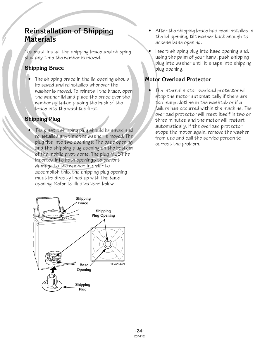 Reinstallation of shipping materials | Speed Queen No. 201472R3 User Manual | Page 24 / 27