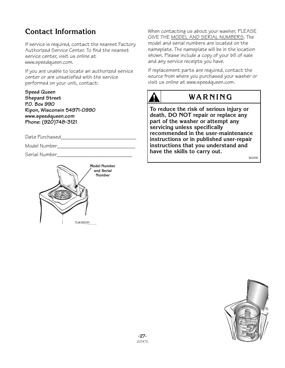 Contact information | Speed Queen No. 201472R3 User Manual | Page 27 / 27