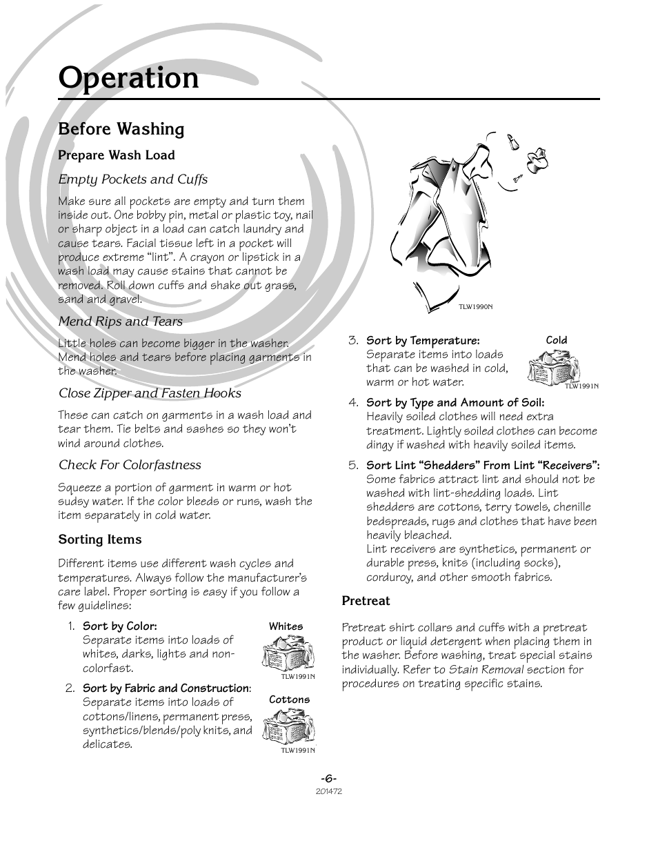 Operation, Before washing | Speed Queen No. 201472R3 User Manual | Page 6 / 27
