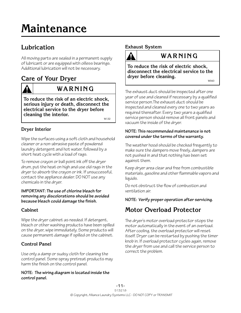 Maintenance, Lubrication, Care of your dryer | Motor overload protector | Speed Queen HVR-M15N/M15P User Manual | Page 11 / 14